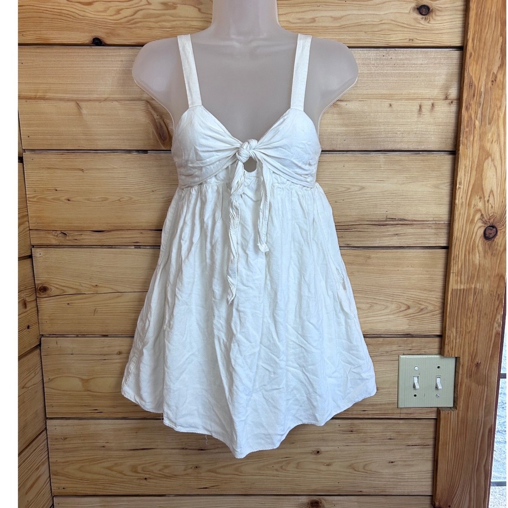 Zara TRF‎ White Linen Babydoll Romper Tie Front Built In Shorts XS